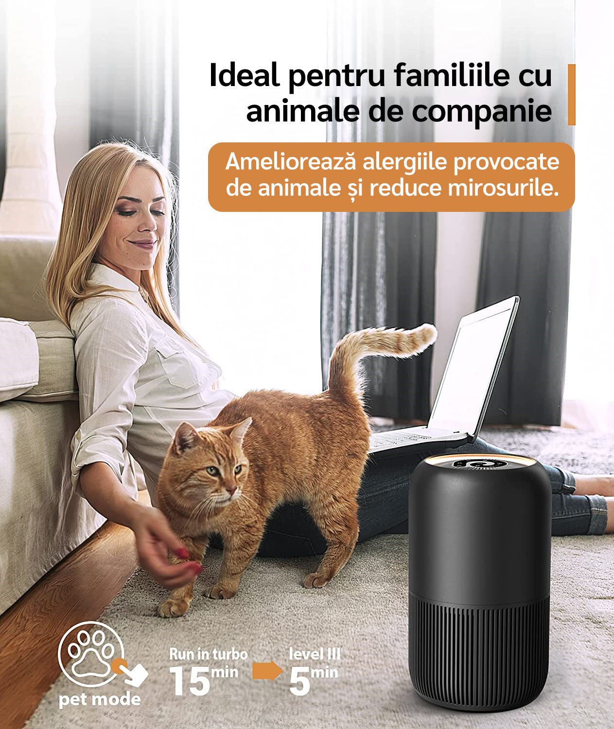 Resigilat! Purificator de aer Evoair, YuvoSpin, Lampă UV-C, Filtru 3in1, True Hepa, Carbon Activ, Pre-filtru, 4 viteze, Funcție Polen/Animale, Mod Noapte, Blocare Ecran, Lumină Ambientală, Negru, Filtru Sigilat