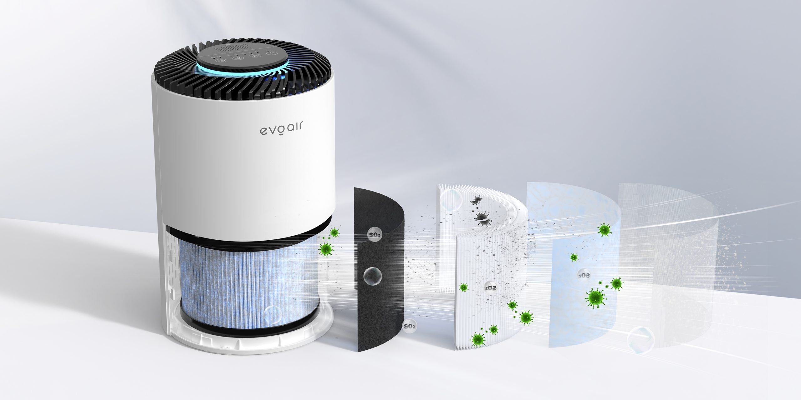 Resigilat! Purificator de aer Evoair Zuno, Filtru 3 in 1 True HEPA, Carbon Activ, Lampă UV, 3 viteze, Mod Noapte, Aromaterapie, Lumină Ambientală, Timer, Alb, Filtru Sigilat