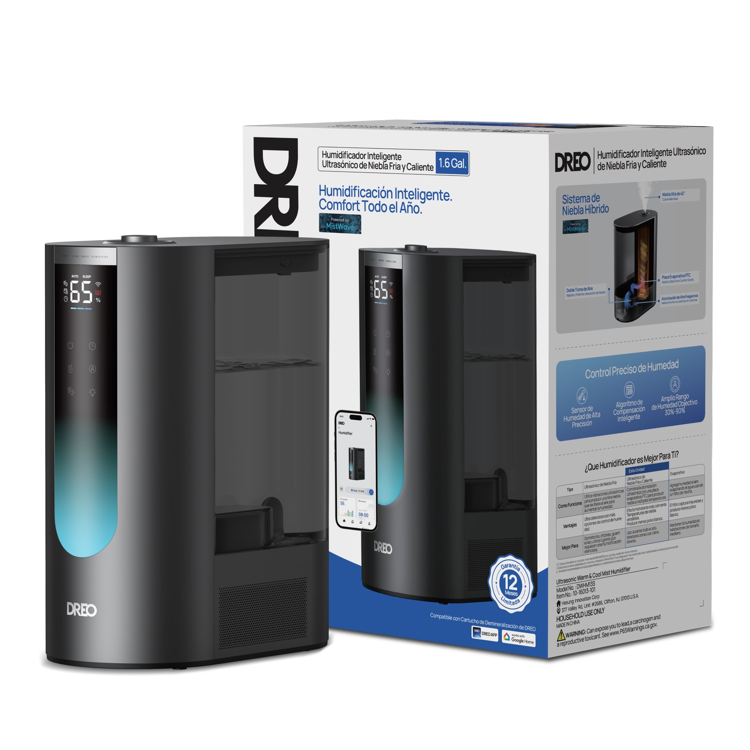 Umidificator aer Dreo 813S Smart, Rezervor 6l, 500ml/h, Ceață caldă și rece, 3 trepte umidificare, Senzor umiditate, Indicator Umiditate, Duză de Ceață, Mod Auto, Aromaterapie, Negru