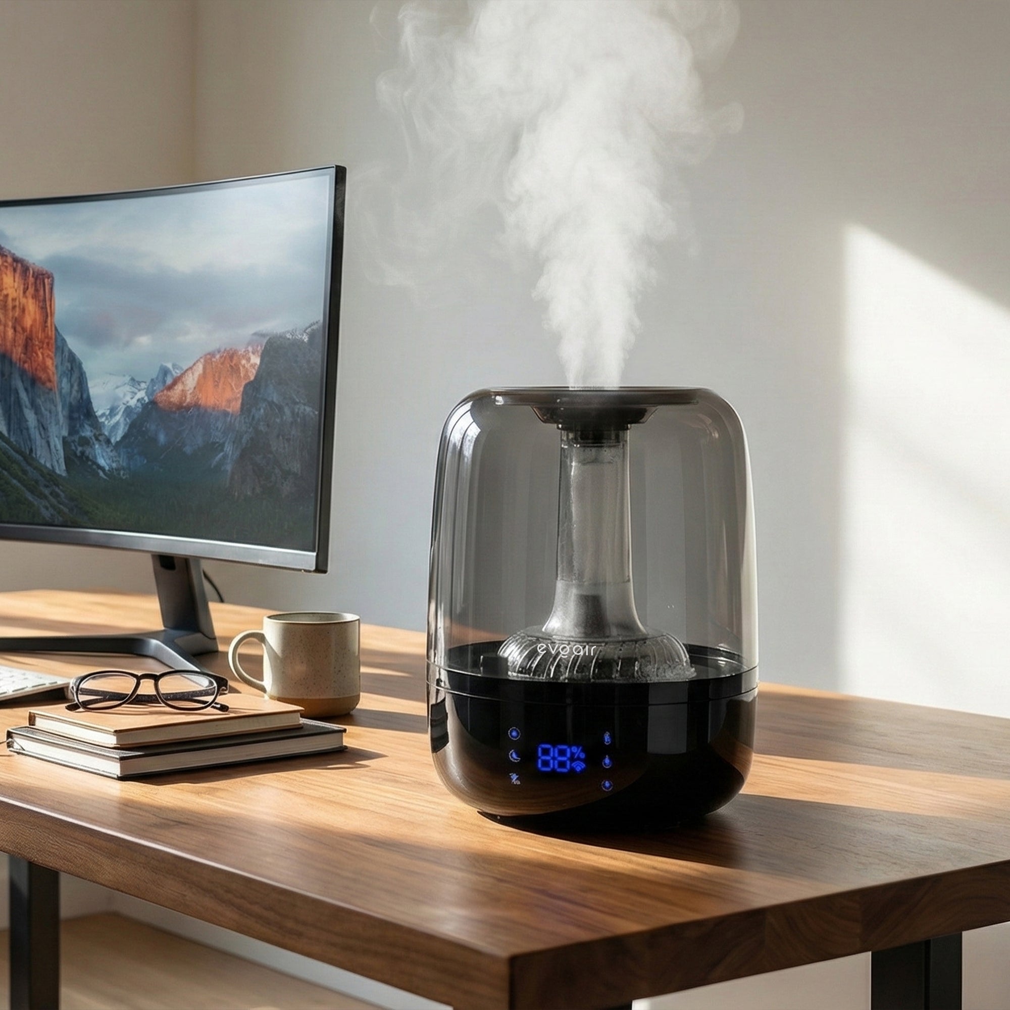 Umidificator Evoair LUNO BLUE, Smart, Wifi, Rezervor 2.5LCapacitate de umidificare 150 ml/h, Senzor umiditate, Autonomie 16 ore, Indicator umiditate și temperatură, Alb&Albastru - OVIX - Găsești soluții de încălzire, răcire și ventilare, toate integrate și controlabile dintr-o singură platformă.