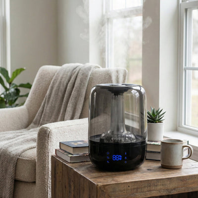 Umidificator Evoair LUNO BLUE, Smart, Wifi, Rezervor 2.5LCapacitate de umidificare 150 ml/h, Senzor umiditate, Autonomie 16 ore, Indicator umiditate și temperatură, Alb&Albastru - OVIX - Găsești soluții de încălzire, răcire și ventilare, toate integrate și controlabile dintr-o singură platformă.