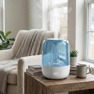 Umidificator Evoair LUNO BLUE, Smart, Wifi, Rezervor 2.5LCapacitate de umidificare 150 ml/h, Senzor umiditate, Autonomie 16 ore, Indicator umiditate și temperatură, Alb&Albastru - OVIX - Găsești soluții de încălzire, răcire și ventilare, toate integrate și controlabile dintr-o singură platformă.