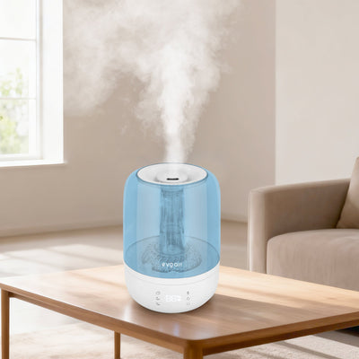 Umidificator Evoair LUNO BLUE, Smart, Wifi, Rezervor 2.5LCapacitate de umidificare 150 ml/h, Senzor umiditate, Autonomie 16 ore, Indicator umiditate și temperatură, Alb&Albastru - OVIX - Găsești soluții de încălzire, răcire și ventilare, toate integrate și controlabile dintr-o singură platformă.