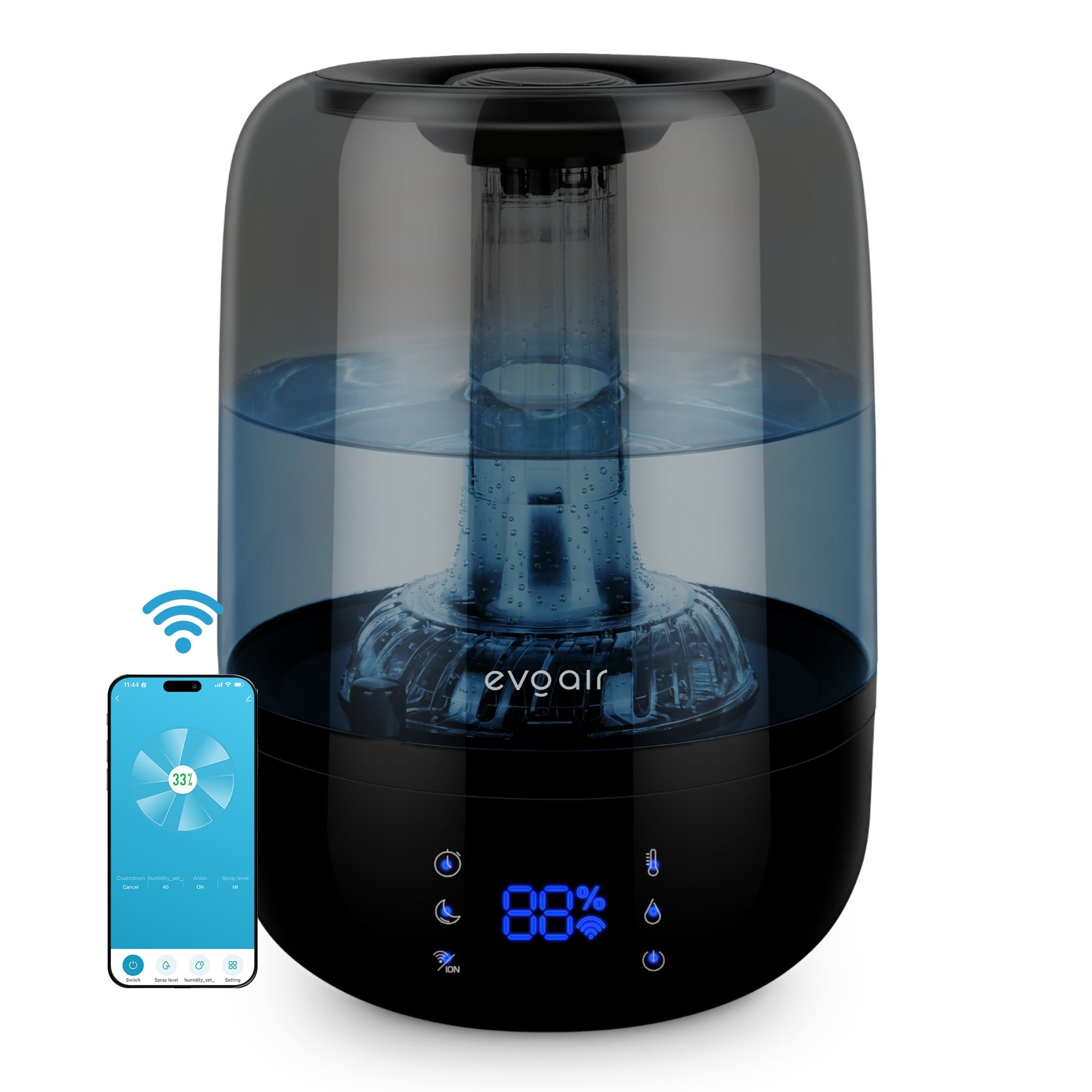 Umidificator Evoair LUNO BLUE, Smart, Wifi, Rezervor 2.5LCapacitate de umidificare 150 ml/h, Senzor umiditate, Autonomie 16 ore, Indicator umiditate și temperatură, Alb&Albastru - OVIX - Găsești soluții de încălzire, răcire și ventilare, toate integrate și controlabile dintr-o singură platformă.
