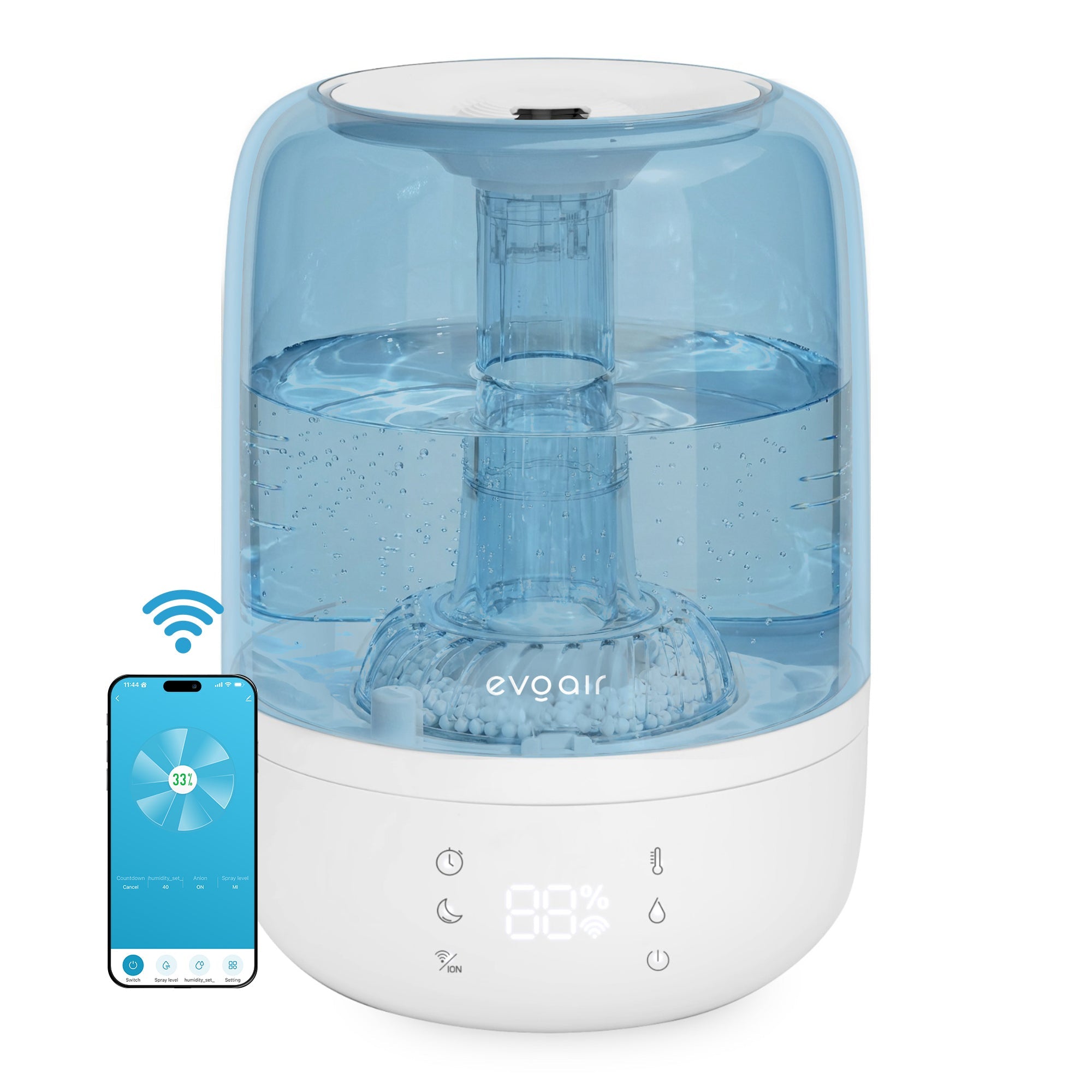 Umidificator Evoair LUNO, Smart, Wifi, Rezervor 2.5L, Capacitate de umidificare 150 ml/h, Senzor umiditate, Autonomie 16 ore, Indicator umiditate și temperatură, Filtru mineral Anticalcar