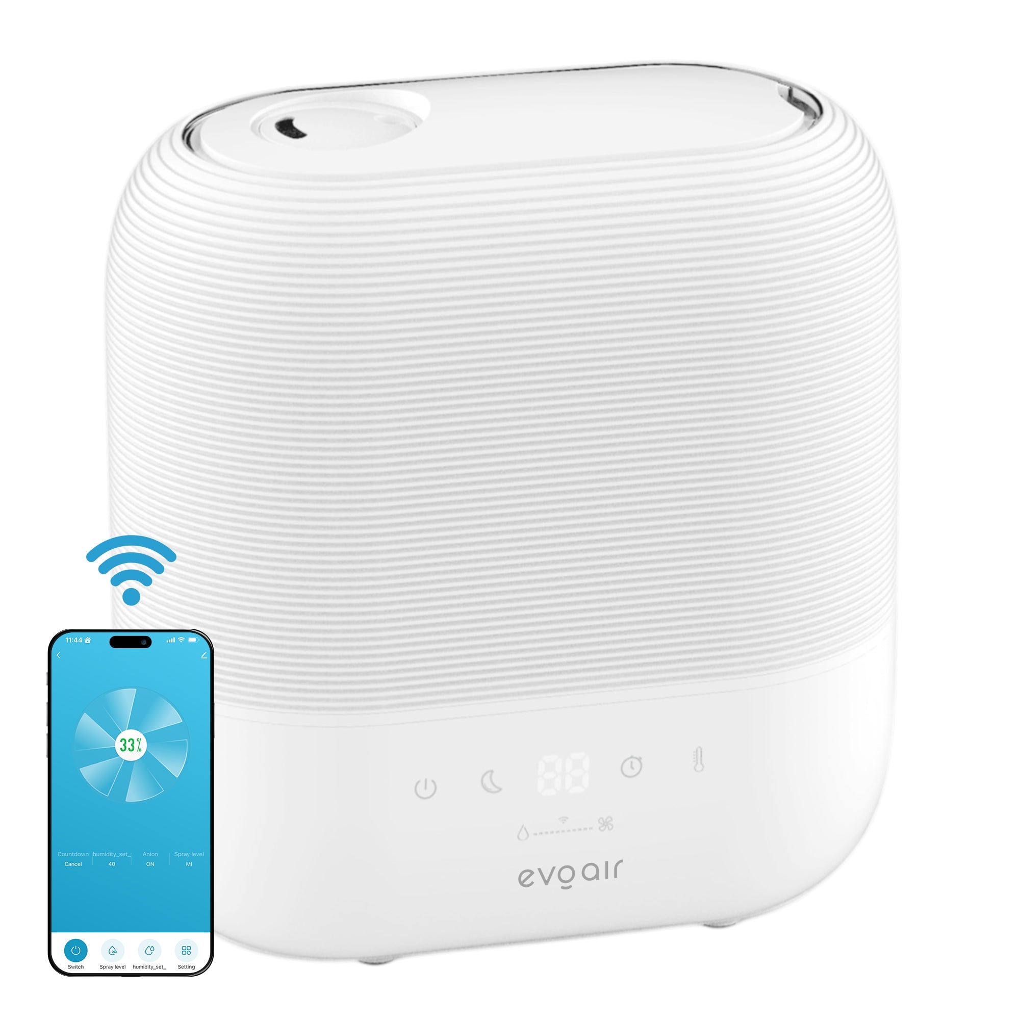 Umidificator Evoair UMIVA 4700 Smart, Wifi, Rezervor 4.8L, Capacitate de umidificare 400ml/h, Senzor umiditate, Mod Auto, Autonomie ≥9.5 ore, Aromateriapie, Indicator umiditate și temperatură, Alb