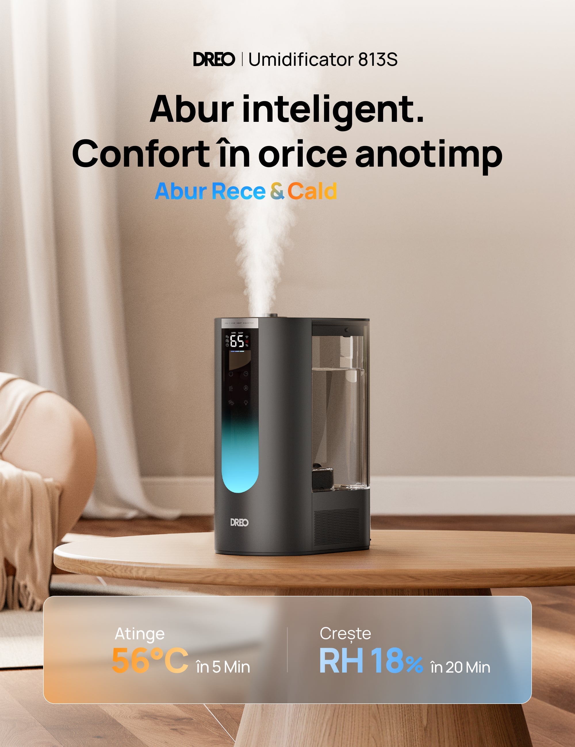 Umidificator aer Dreo 813S Smart, Rezervor 6l, 500ml/h, Ceață caldă și rece, 3 trepte umidificare, Senzor umiditate, Indicator Umiditate, Duză de Ceață, Mod Auto, Aromaterapie, Negru