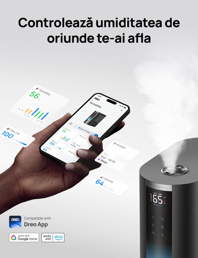 Umidificator aer Dreo 420S Smart, Rezervor 4l, 250ml/h, 3 trepte umidificare, Senzor de Umiditate, Indicator Umiditate,Mod Auto, Aromaterapie, Negru - OVIX - Găsești soluții de încălzire, răcire și ventilare, toate integrate și controlabile dintr-o singură platformă.
