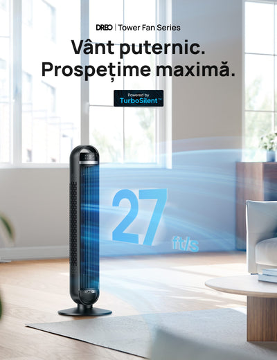 Ventilator Turn DREO Nomad DR-HTF014, 8 viteze, 4 functii, 92cm, oscilatie 90°, HyperSilent 25dB, telecomanda, negru - OVIX - Găsești soluții de încălzire, răcire și ventilare, toate integrate și controlabile dintr-o singură platformă.