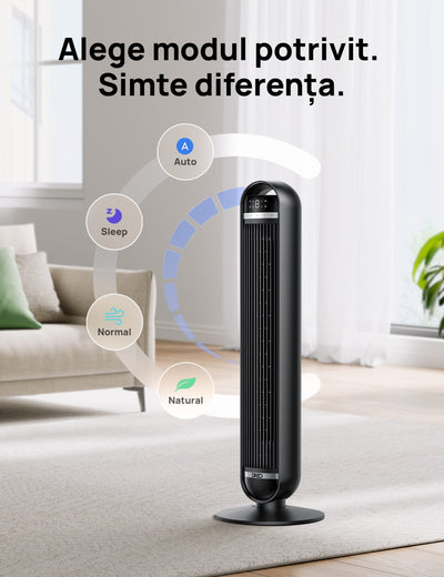 Ventilator Turn DREO Nomad DR-HTF014, 8 viteze, 4 functii, 92cm, oscilatie 90°, HyperSilent 25dB, telecomanda, negru - OVIX - Găsești soluții de încălzire, răcire și ventilare, toate integrate și controlabile dintr-o singură platformă.