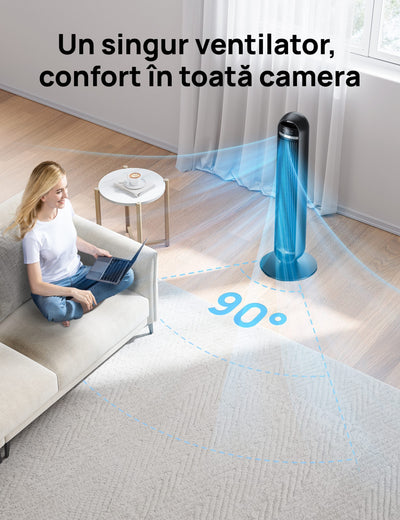 Ventilator Turn DREO Nomad DR-HTF014, 8 viteze, 4 functii, 92cm, oscilatie 90°, HyperSilent 25dB, telecomanda, negru - OVIX - Găsești soluții de încălzire, răcire și ventilare, toate integrate și controlabile dintr-o singură platformă.