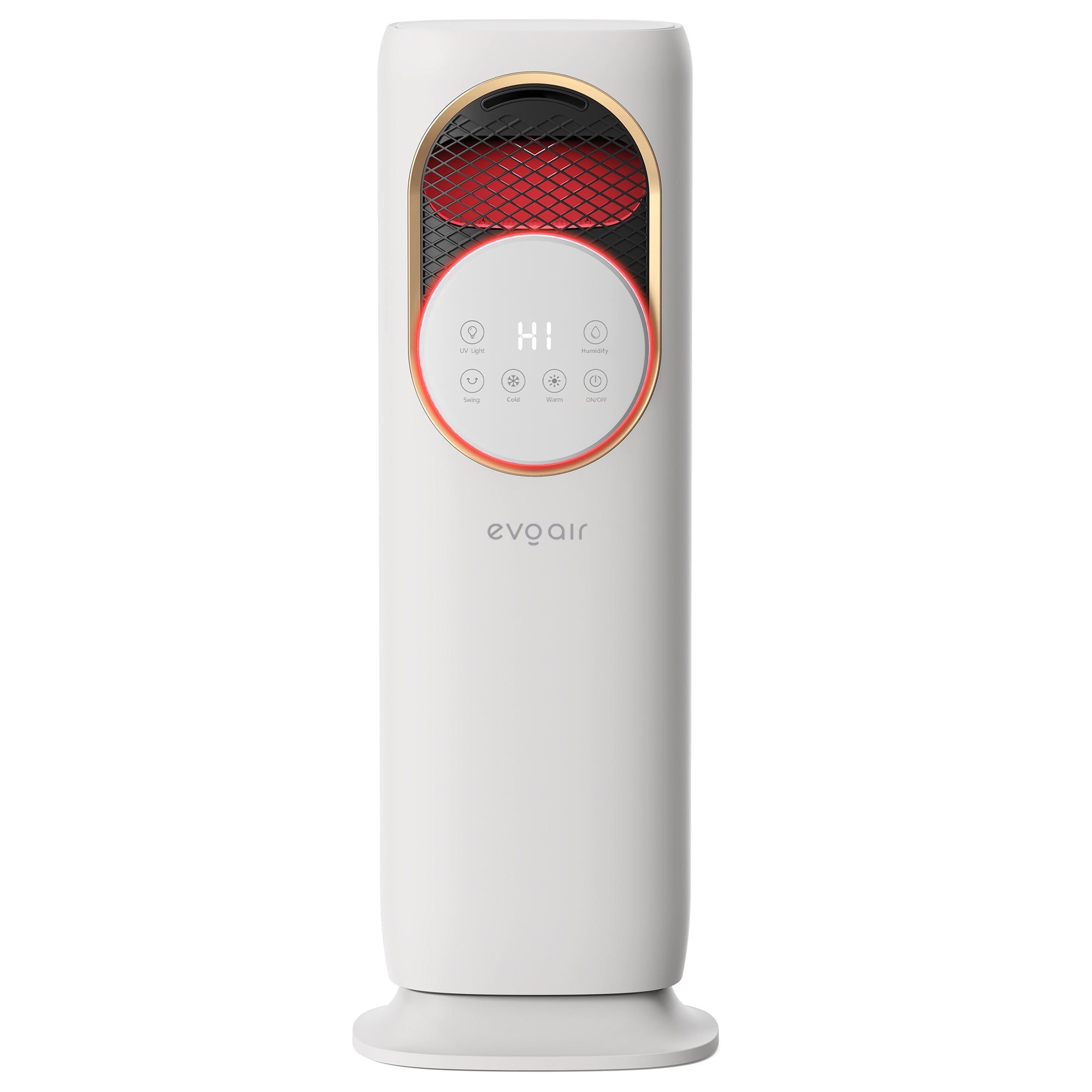 Ventilator turn 4 in 1 Evoair BRIIS GOLD WHITE, Functie Incalzire/Racire/Umidificare/Sterilizare UV, Telecomanda, 5 viteze, Pastile Racire 2+2 Cadou, Rezervor 3.15l, Display Alb, Contur Auriu - OVIX - Găsești soluții de încălzire, răcire și ventilare, toate integrate și controlabile dintr-o singură platformă.