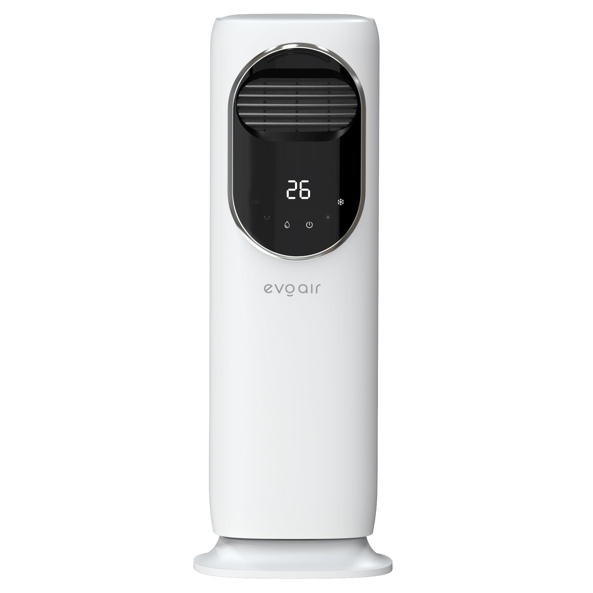 Ventilator turn 4 in 1 Evoair BRIIS SILVER BLACK, Functie Incalzire/Racire/Umidificare/Sterilizare UV, Telecomanda, 5 viteze, Pastile Racire 2+2 Cadou, Rezervor 3.15l, Display Negru, Contur Argintiu - OVIX - Găsești soluții de încălzire, răcire și ventilare, toate integrate și controlabile dintr-o singură platformă.