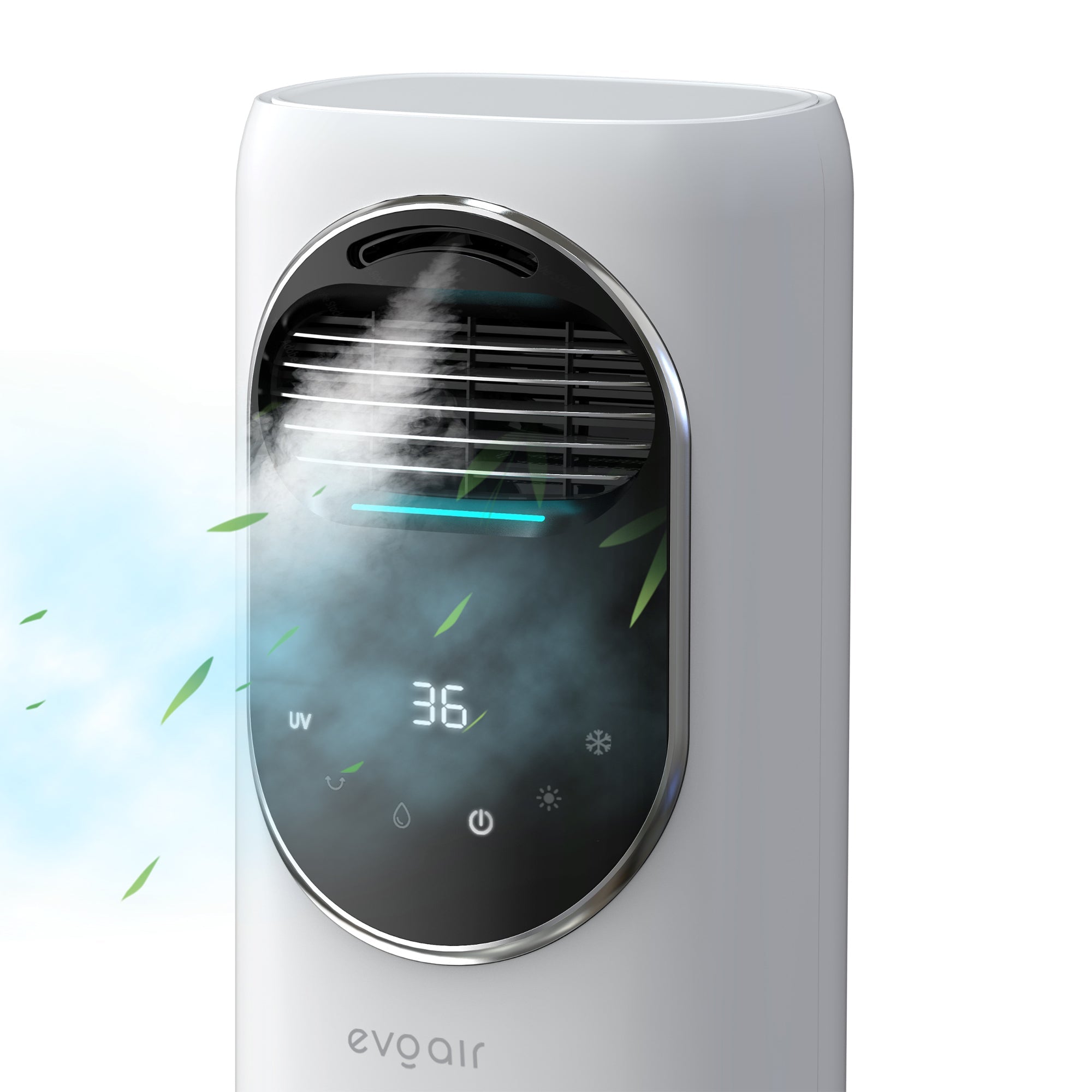Ventilator turn 4 in 1 Evoair BRIIS SILVER, Aerotermă, Răcitor, Umidificator, Sterilizator UV, Telecomanda, 2 viteze Încălzire, 3 viteze Răcire, Pastile Racire 2+2 Cadou, Rezervor 3.15l Alb/Negru