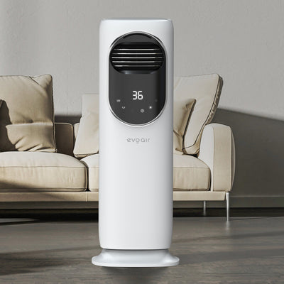Ventilator turn 4 in 1 Evoair BRIIS SILVER BLACK, Functie Incalzire/Racire/Umidificare/Sterilizare UV, Telecomanda, 5 viteze, Pastile Racire 2+2 Cadou, Rezervor 3.15l, Display Negru, Contur Argintiu - OVIX - Găsești soluții de încălzire, răcire și ventilare, toate integrate și controlabile dintr-o singură platformă.