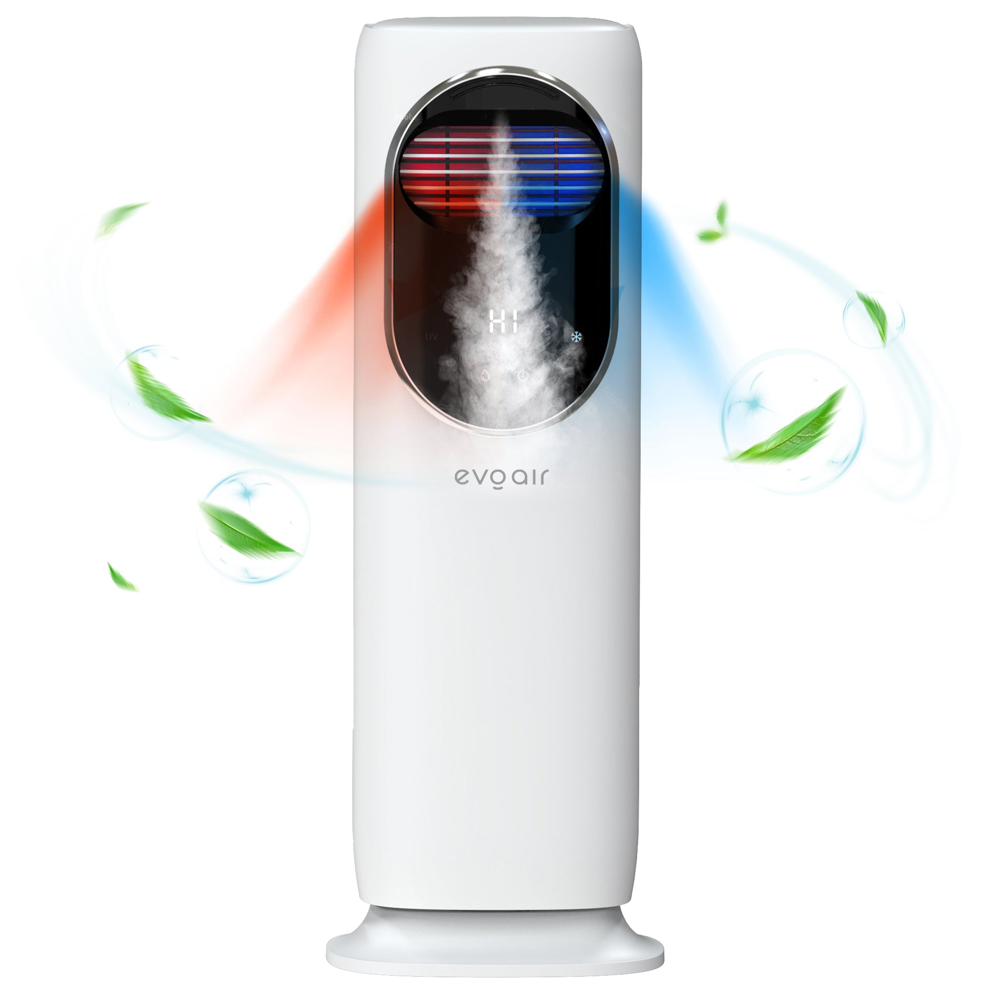 Ventilator turn 4 in 1 Evoair BRIIS SILVER BLACK, Functie Incalzire/Racire/Umidificare/Sterilizare UV, Telecomanda, 5 viteze, Pastile Racire 2+2 Cadou, Rezervor 3.15l, Display Negru, Contur Argintiu - OVIX - Găsești soluții de încălzire, răcire și ventilare, toate integrate și controlabile dintr-o singură platformă.