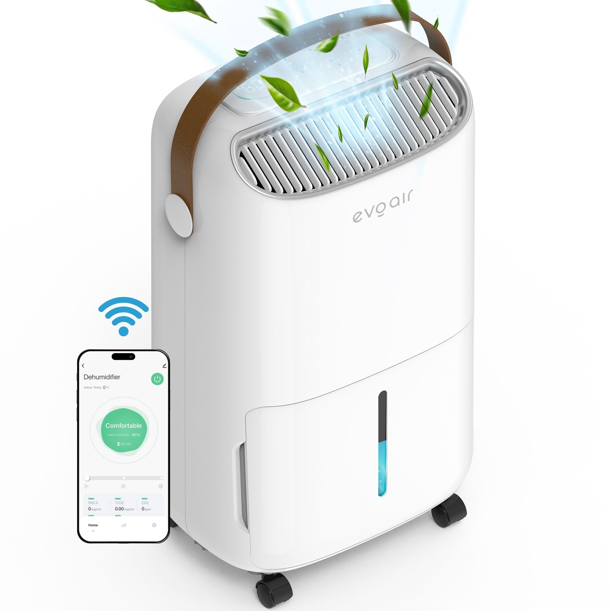 Dezumidificator Evoair, NovaDry 16 Smart, 16l/24h, Senzor de Umiditate, Functie Ionizare, Uscare Rufe, Rezervor 2.5l, Lampa UVC, Alb, Curea Maro