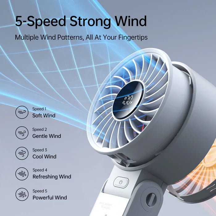 Ventilator portabil de mână JISULIFE, Life7, autonomie 2.5-13h, baterie 3600mAh, 5 viteze, încărcare rapidă, Negru